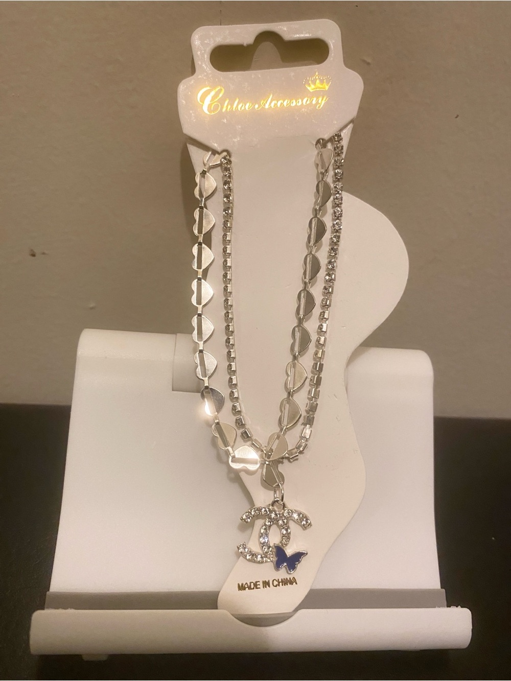 Silver Crystal Double-Chain Anklet with Blue Butterfly Charm